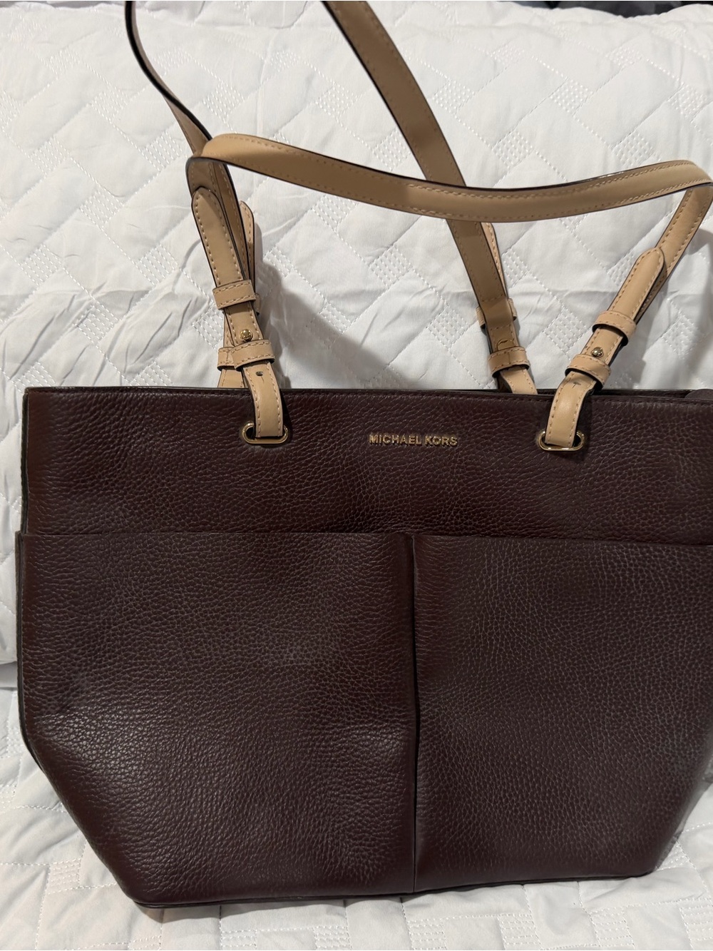 Michael Kors Dark Brown Pebbled Leather Shoulder Tote with Tan Straps
